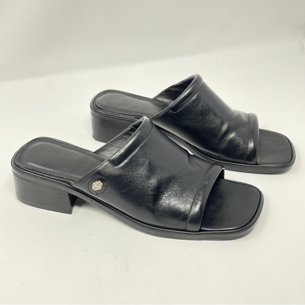 Harley-Davidson black genuine leather open toe slides sandals block heel 90s Y2K